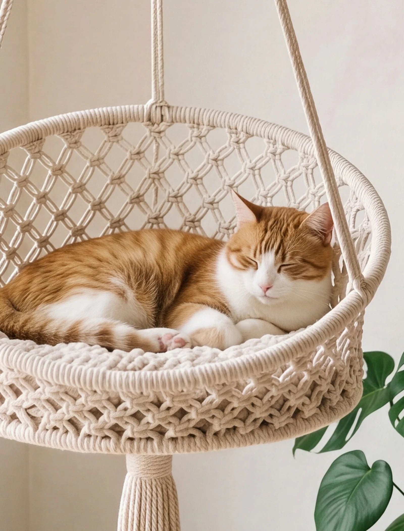Gato laranja dormindo em um balanço suspenso de macramê