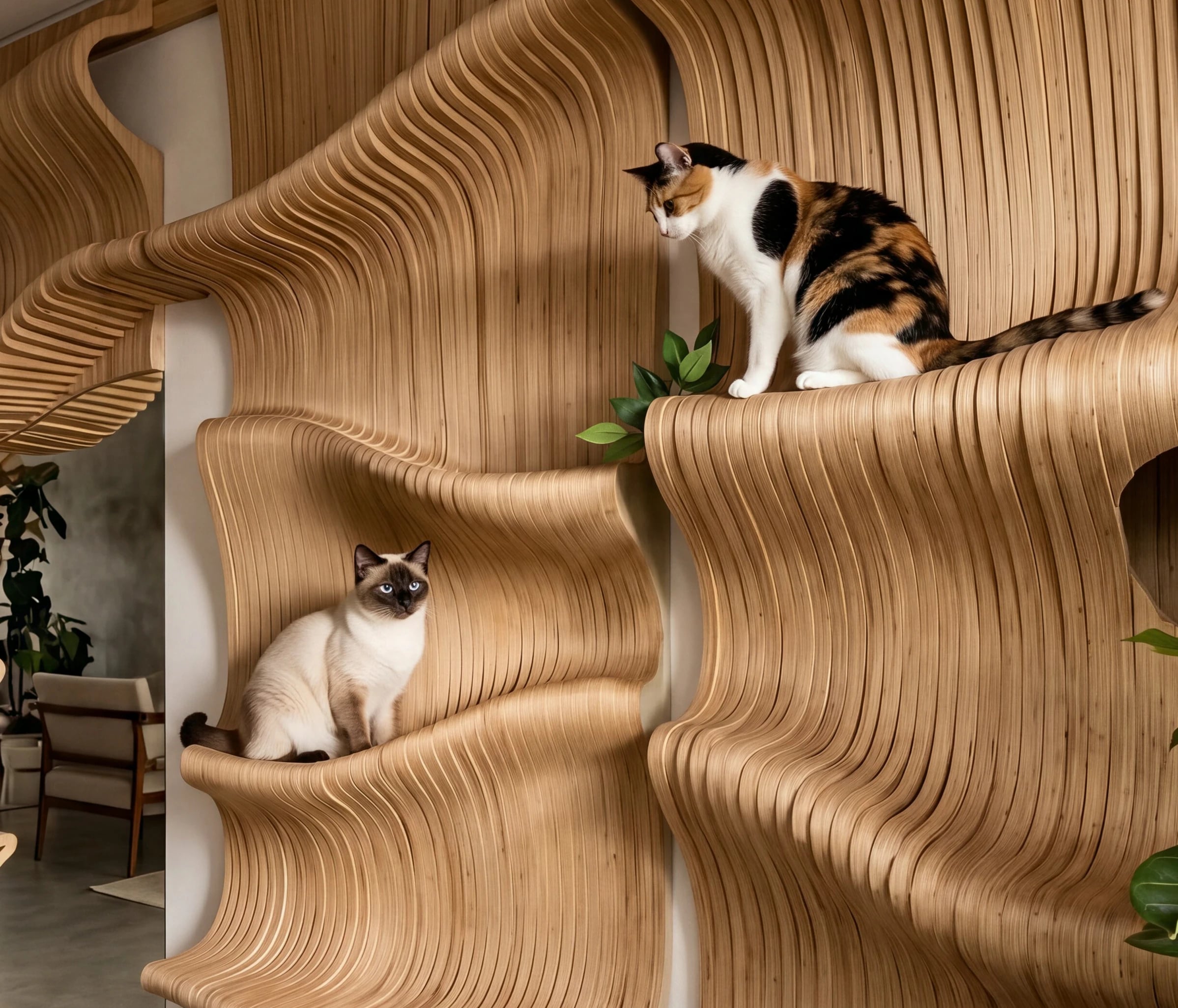 Gatos em prateleiras de madeira com formas orgânicas