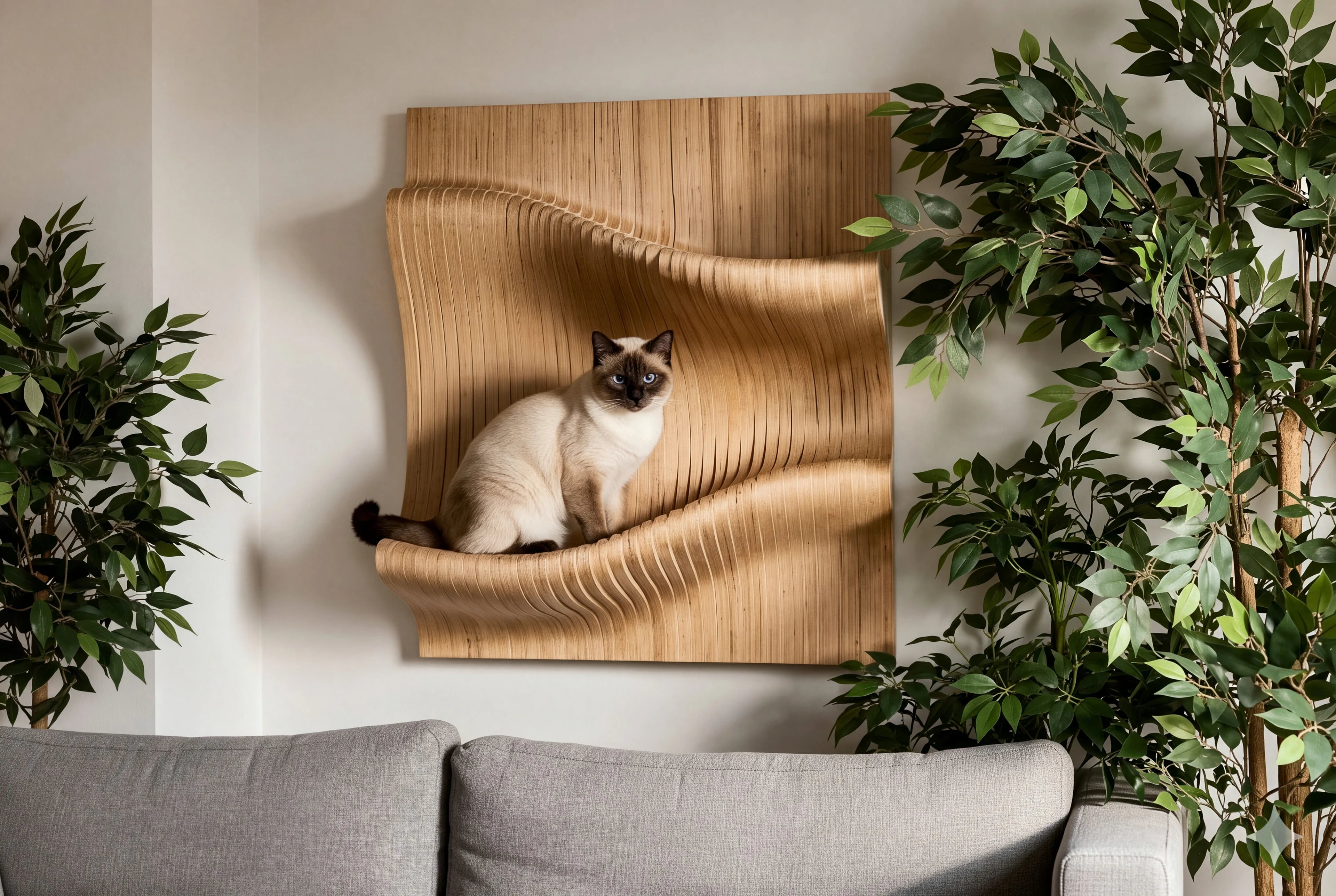 Gato siamês em um móvel de madeira curvada, cercado por plantas