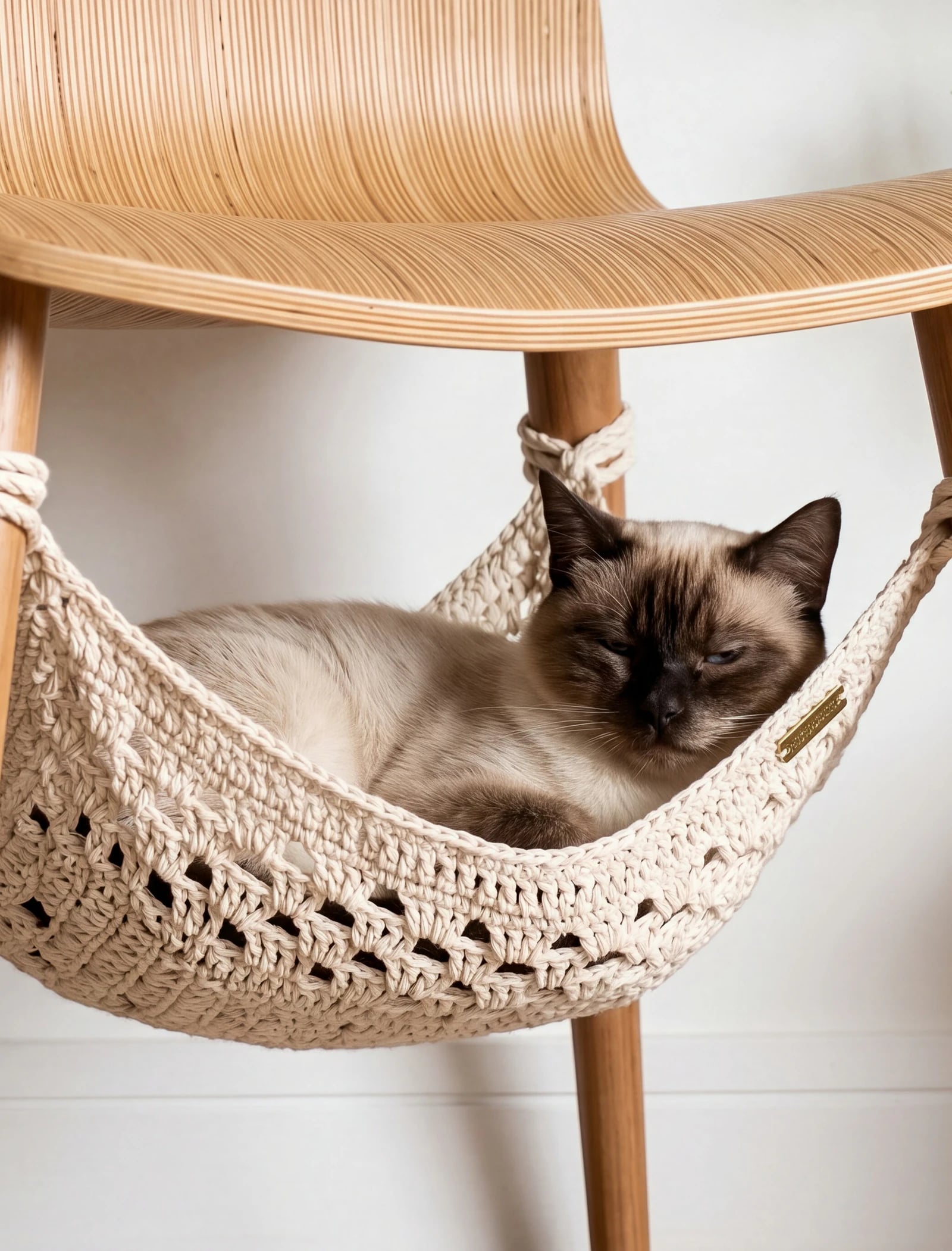 Gato siamês descansando em uma rede de crochê sob uma cadeira de madeira